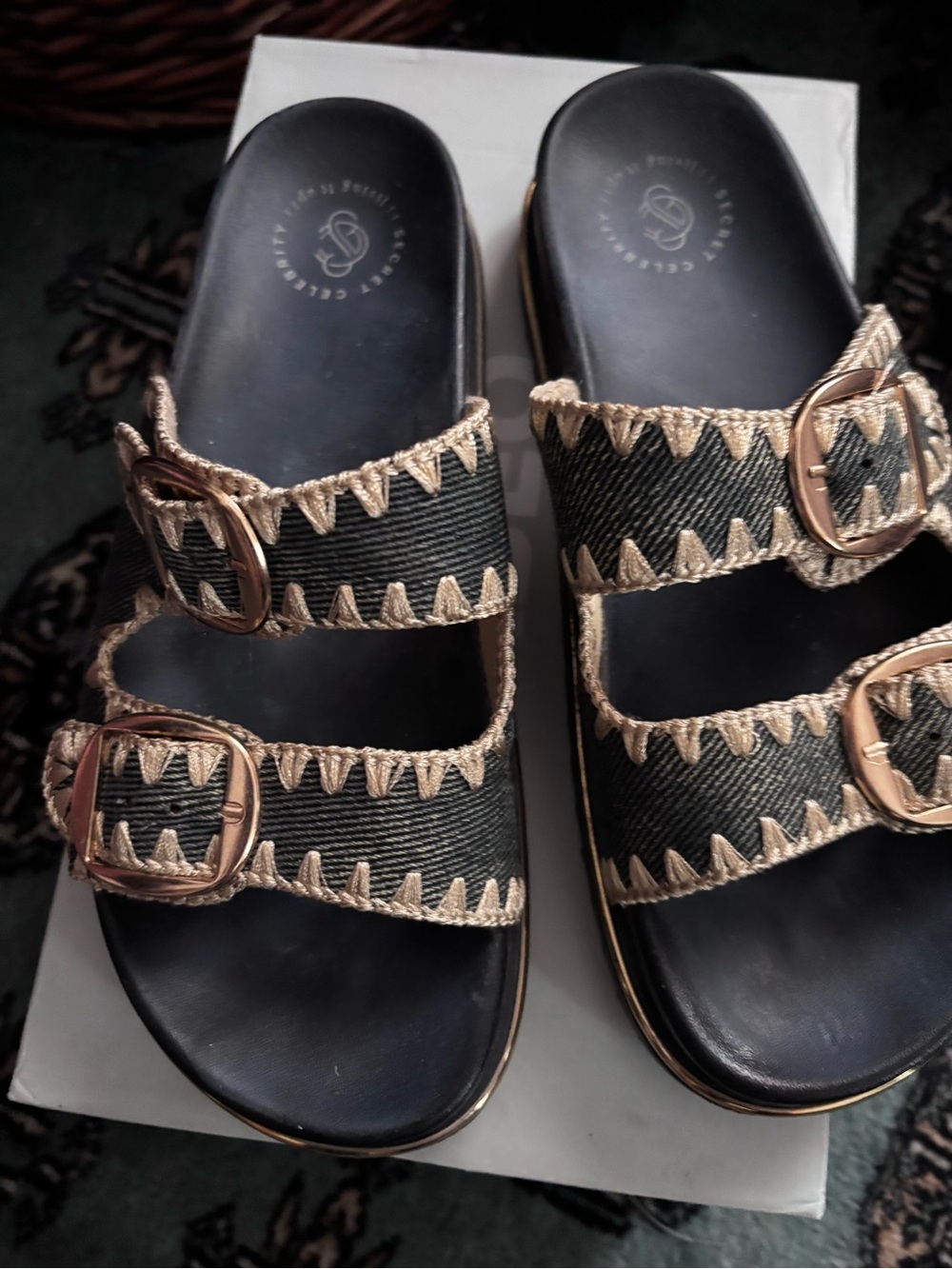 Women’s Black Slide Sandals with Decorative Gold Buckles Size 7